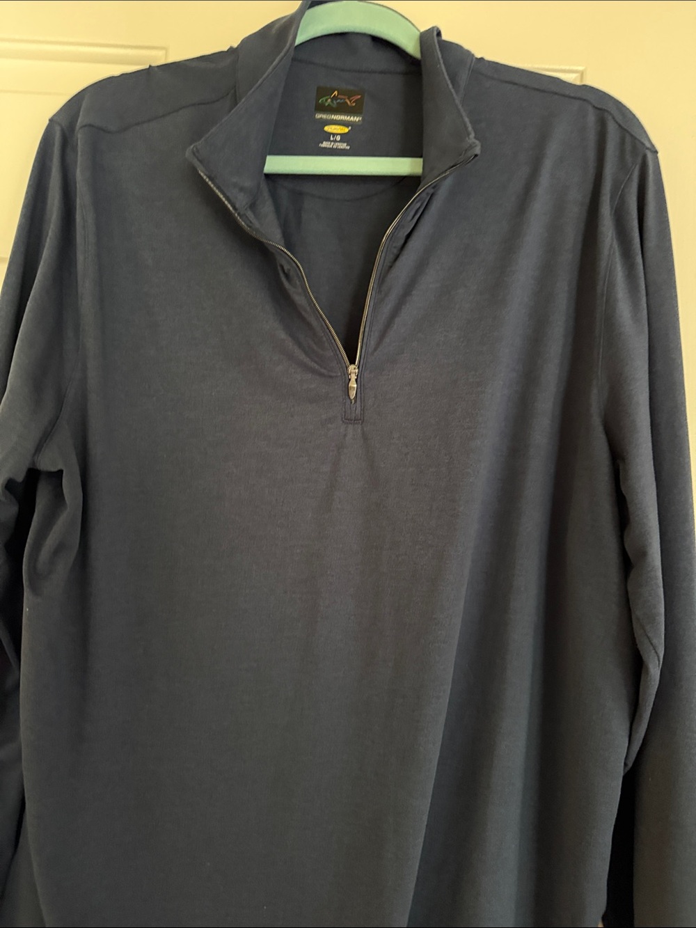 Greg Norman Collection Navy Performance Pullover with Multicolor Shark Logo